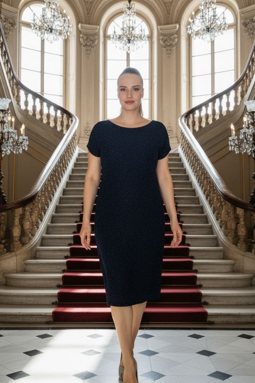 Nidya Moda Büyük Beden Kadın Lacivert Simli Örme Vako Abiye Elbise-4035AL