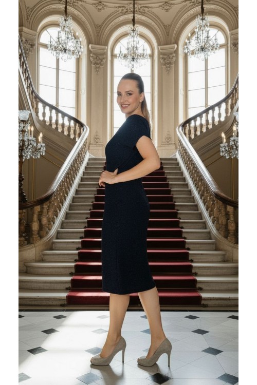 Nidya Moda Büyük Beden Kadın Lacivert Simli Örme Vako Abiye Elbise-4035AL