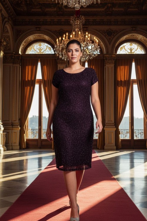 Nidya Moda Büyük Beden Kadın Mürdüm Simli Örme Vako Abiye Elbise-4035AM