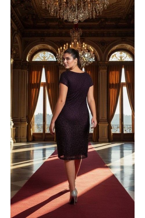 Nidya Moda Büyük Beden Kadın Mürdüm Simli Örme Vako Abiye Elbise-4035AM