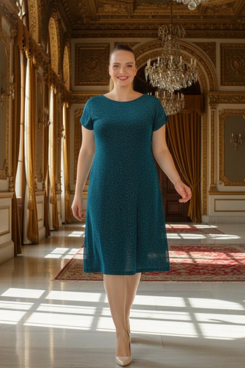 Nidya Moda Büyük Beden Kadın Petrol Simli Örme Vako Abiye Elbise-4035AP