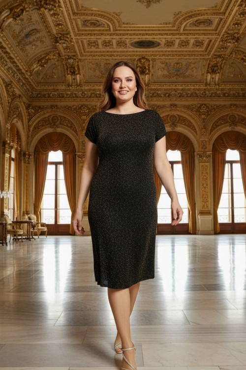 Nidya Moda Büyük Beden Kadın Siyah Simli Örme Vako Abiye Elbise-4035AS