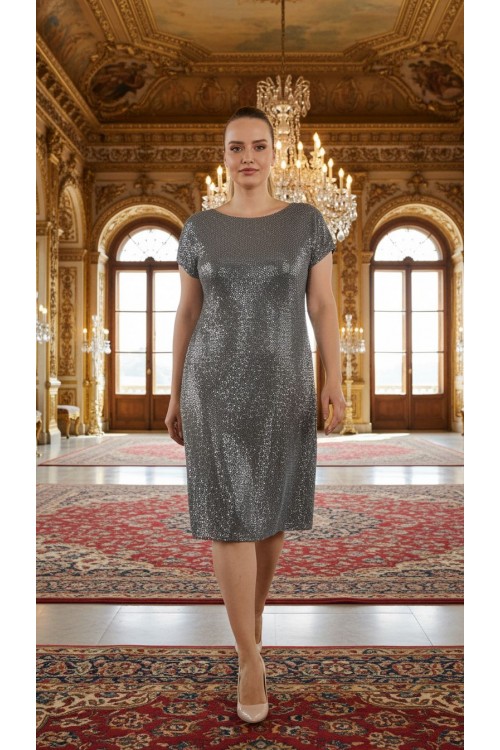 Nidya Moda Büyük Beden Kadın Gri Payet Desen Vako Abiye Elbise-4035BG