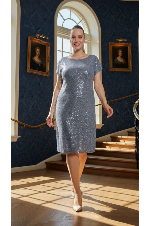 Nidya Moda Büyük Beden Kadın Mavi Payet Desen Vako Abiye Elbise-4035BMV