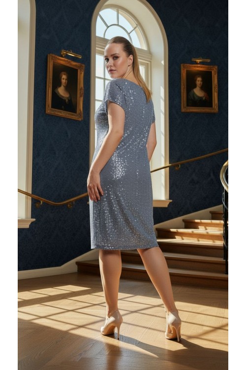 Nidya Moda Büyük Beden Kadın Mavi Payet Desen Vako Abiye Elbise-4035BMV