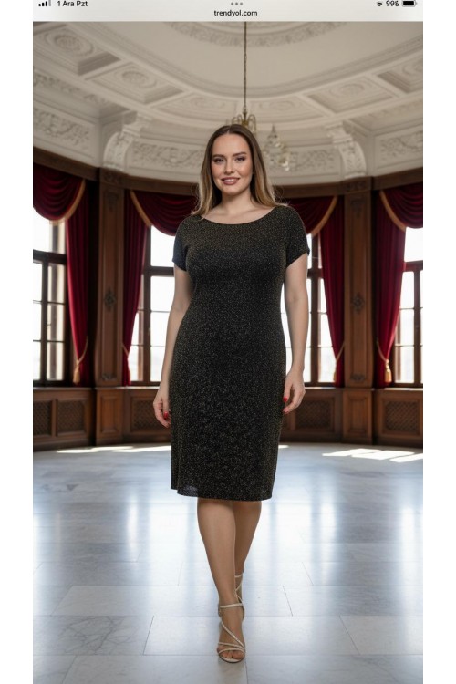 Nidya Moda Büyük Beden Kadın Siyah Gold Gül Baskı Vako Abiye Elbise-4035CSG