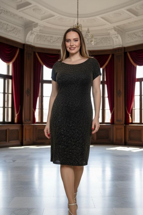 Nidya Moda Büyük Beden Kadın Siyah Gold Gül Baskı Vako Abiye Elbise-4035CSG