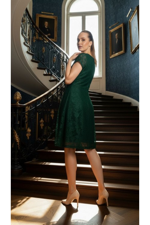 Nidya Moda Büyük Beden Kadın Yeşil Simli Gül Desen Dantel Vako Abiye Elbise-4035GY