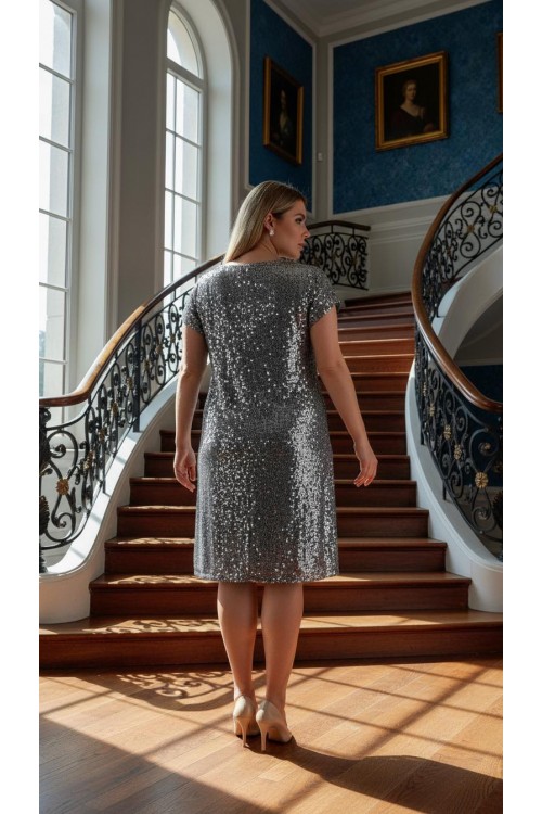 Nidya Moda Büyük Beden Kadın Gri Payet Desen V Yaka Vako Abiye Elbise-4035PG