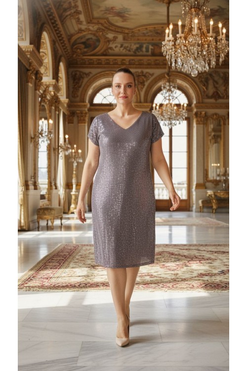 Nidya Moda Büyük Beden Kadın Lila Payet Desen V Yaka Vako Abiye Elbise-4035PLL