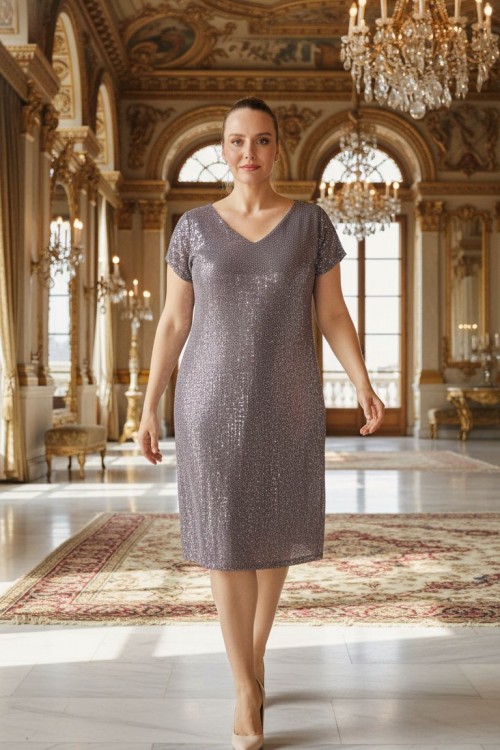 Nidya Moda Büyük Beden Kadın Lila Payet Desen V Yaka Vako Abiye Elbise-4035PLL