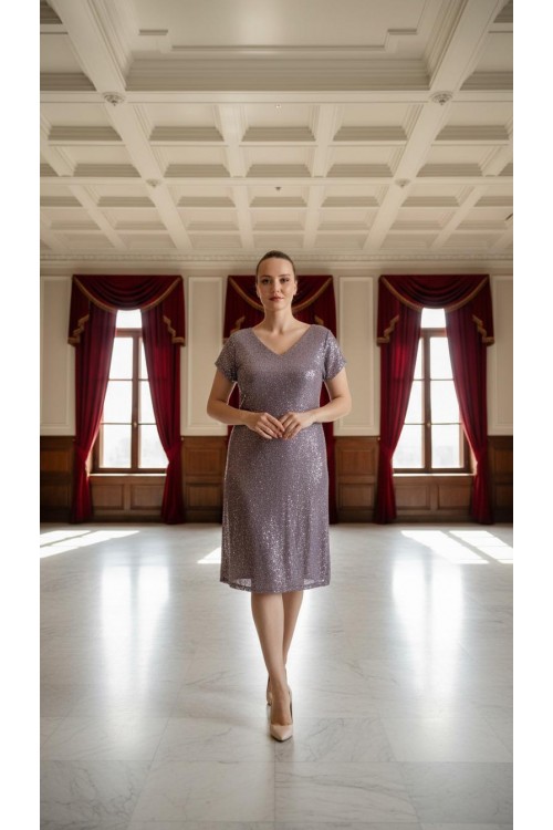 Nidya Moda Büyük Beden Kadın Lila Payet Desen V Yaka Vako Abiye Elbise-4035PLL