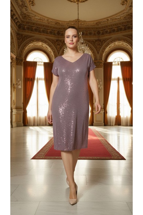 Nidya Moda Büyük Beden Kadın Oranj Payet Desen V Yaka Vako Abiye Elbise-4035PO