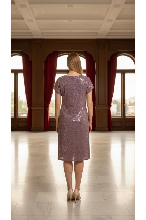 Nidya Moda Büyük Beden Kadın Oranj Payet Desen V Yaka Vako Abiye Elbise-4035PO