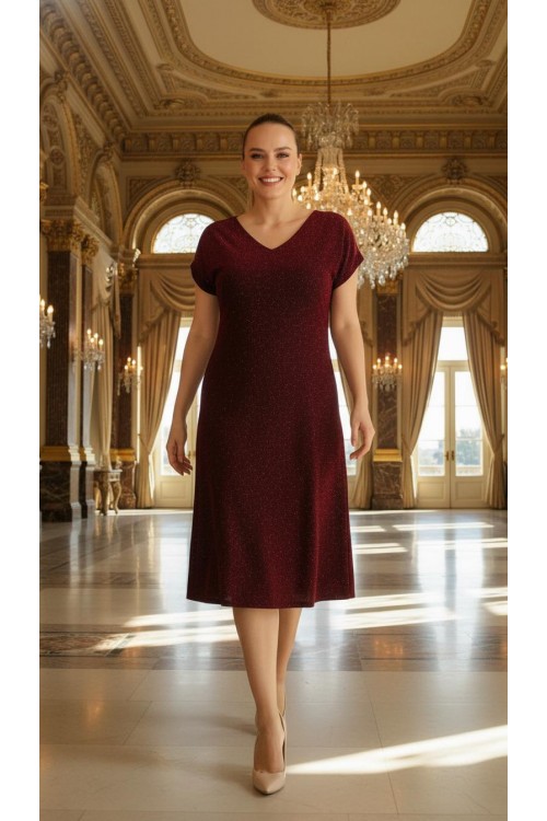 Nidya Moda Büyük Beden Kadın Bordo Simli Örme V Yaka Vako Abiye Elbise-4035RBO