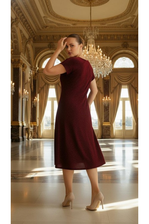 Nidya Moda Büyük Beden Kadın Bordo Simli Örme V Yaka Vako Abiye Elbise-4035RBO