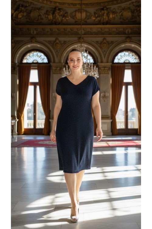 Nidya Moda Büyük Beden Kadın Lacivert Simli Örme V Yaka Vako Abiye Elbise-4035RL