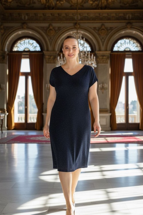 Nidya Moda Büyük Beden Kadın Lacivert Simli Örme V Yaka Vako Abiye Elbise-4035RL