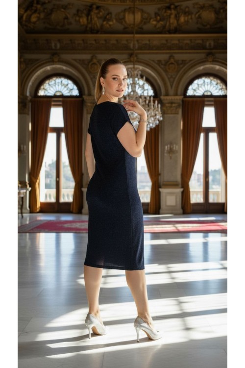 Nidya Moda Büyük Beden Kadın Lacivert Simli Örme V Yaka Vako Abiye Elbise-4035RL