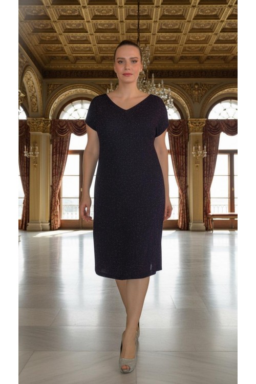 Nidya Moda Büyük Beden Kadın Mürdüm Simli Örme V Yaka Vako Abiye Elbise-4035RM