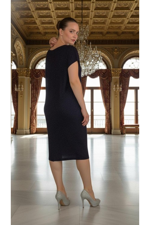 Nidya Moda Büyük Beden Kadın Mürdüm Simli Örme V Yaka Vako Abiye Elbise-4035RM