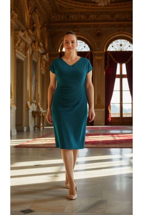 Nidya Moda Büyük Beden Kadın Petrol Simli Örme V Yaka Vako Abiye Elbise-4035RP