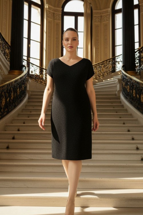 Nidya Moda Büyük Beden Kadın Siyah Simli Örme V Yaka Vako Abiye Elbise-4035RS