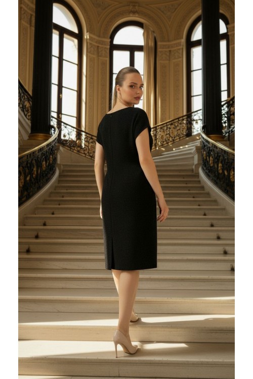 Nidya Moda Büyük Beden Kadın Siyah Simli Örme V Yaka Vako Abiye Elbise-4035RS