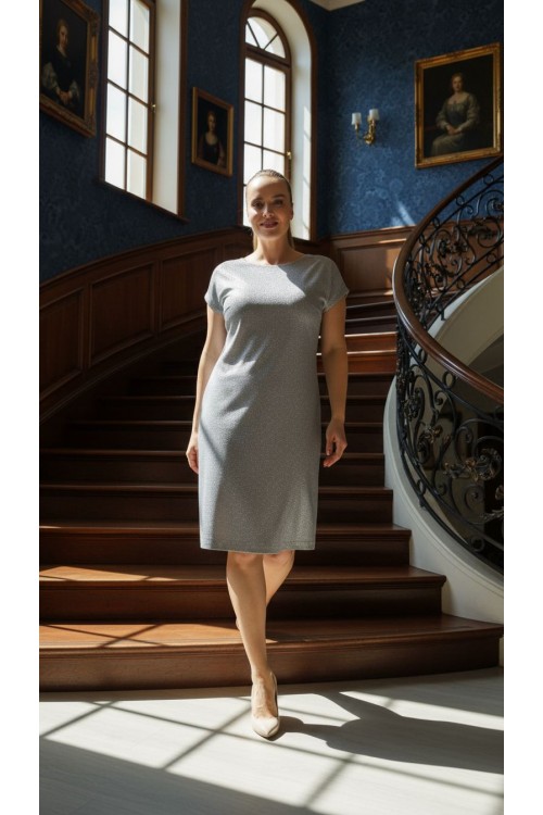 Nidya Moda Büyük Beden Kadın Gri Simli Kaplama Dantel Vako Abiye Elbise-4035SG