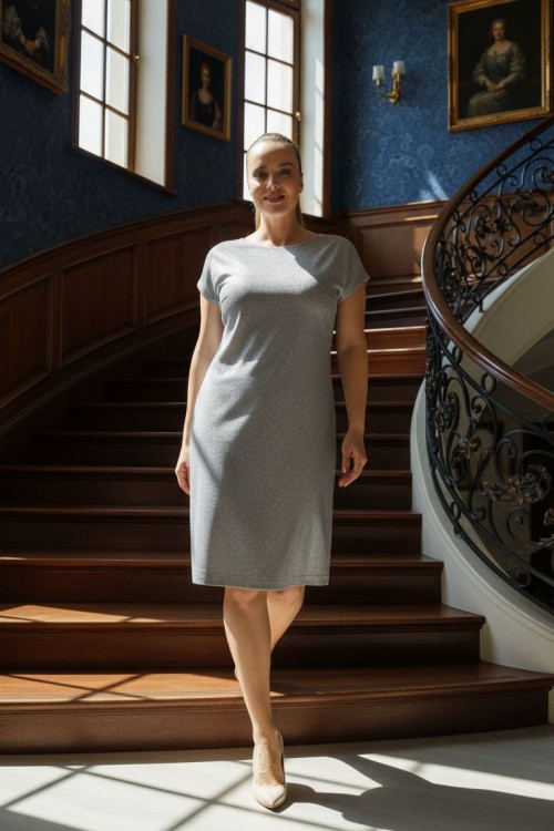 Nidya Moda Büyük Beden Kadın Gri Simli Kaplama Dantel Vako Abiye Elbise-4035SG