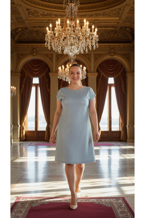 Nidya Moda Büyük Beden Kadın Mint Simli Kaplama Dantel Vako Abiye Elbise-4035SMT