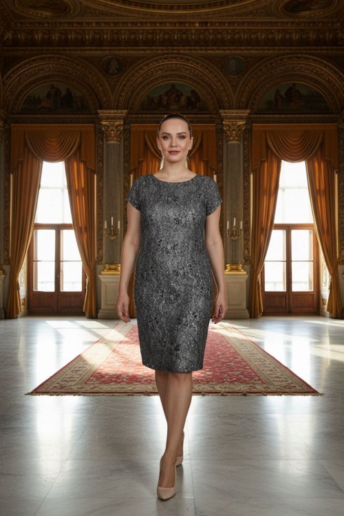 Nidya Moda Büyük Beden Kadın Siyah Simli Kaplama Dantel Vako Abiye Elbise-4035SS