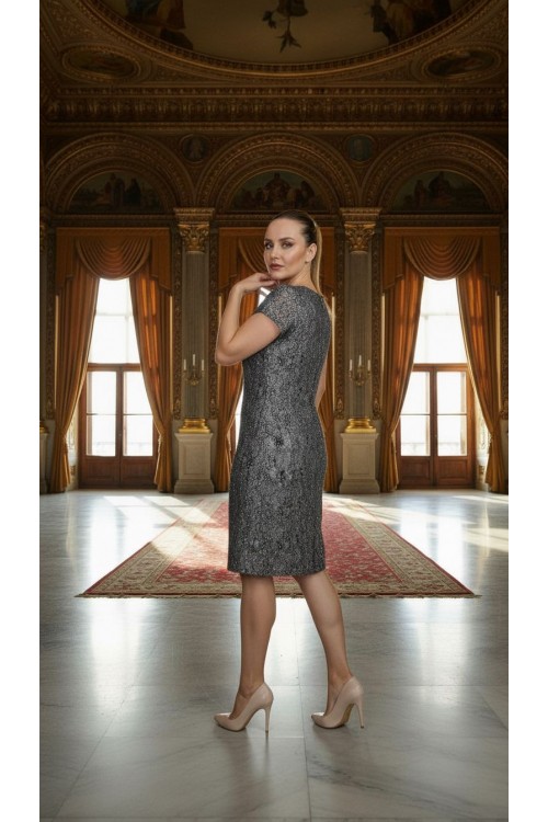 Nidya Moda Büyük Beden Kadın Siyah Simli Kaplama Dantel Vako Abiye Elbise-4035SS