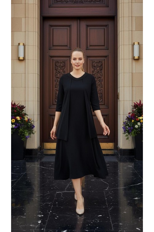 Nidya Moda Büyük Beden Kadın Siyah Üst Şifonu Taş İşli Abiye Elbise-4093AS