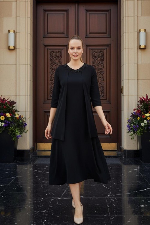 Nidya Moda Büyük Beden Kadın Siyah Üst Şifonu Taş İşli Abiye Elbise-4093AS