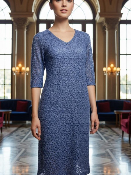 Büyük Beden Kadın Mavi File Dantel Abiye Elbise-4009FMV