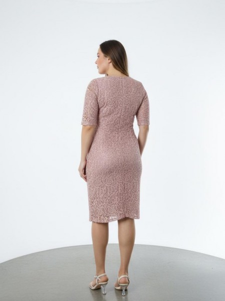 Nidya Moda Büyük Beden Kadın Pembe File Dantel Abiye Elbise-4009FPE