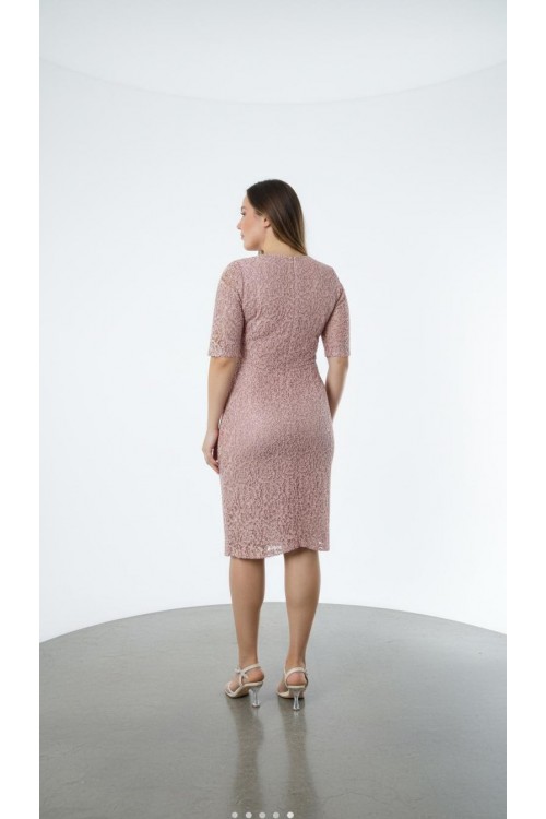 Nidya Moda Büyük Beden Kadın Pembe File Dantel Abiye Elbise-4009FPE