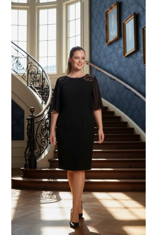 Nidya Moda Büyük Beden kadın Siyah Şifon Kol Omuz Dantel Taşlı Krep  Abiye Elbise-4066S