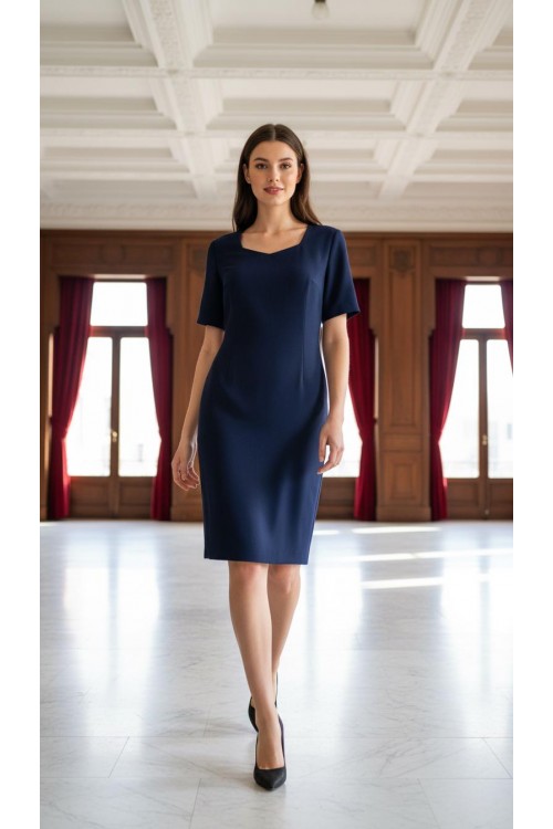 Nidya Moda Büyük Beden Kadın Lacivert Prizma Yaka Krep Abiye Elbise-4165L