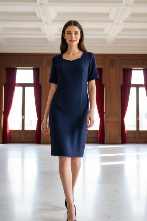 Nidya Moda Büyük Beden Kadın Lacivert Prizma Yaka Krep Abiye Elbise-4165L