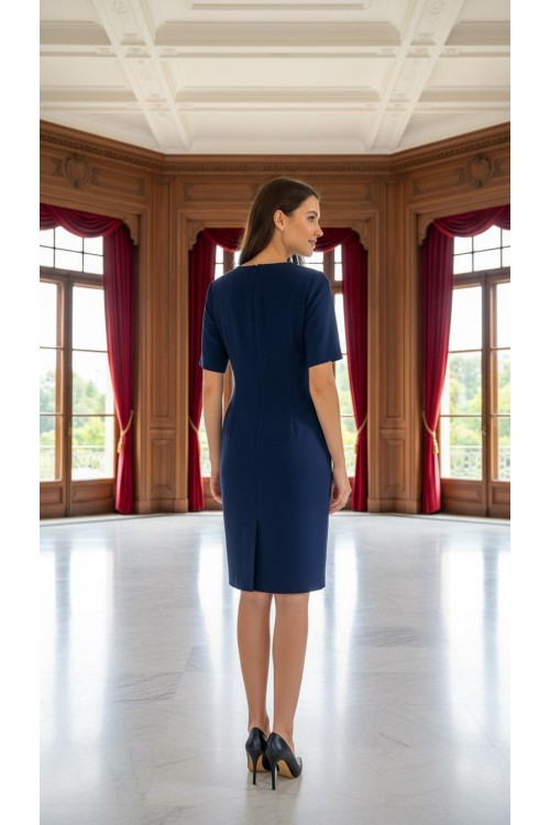 Nidya Moda Büyük Beden Kadın Lacivert Prizma Yaka Krep Abiye Elbise-4165L