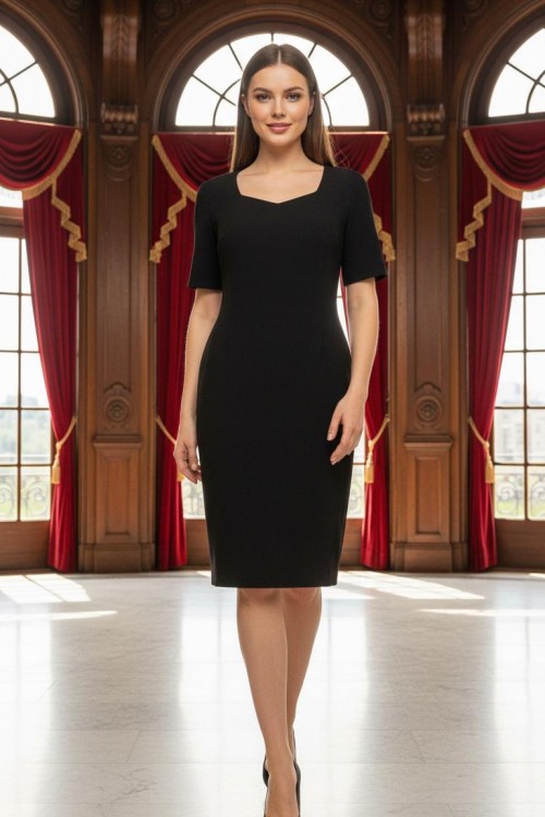 Nidya Moda Büyük Beden Kadın Siyah Prizma Yaka Krep Abiye Elbise-4165S