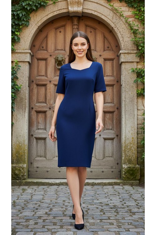 Nidya Moda Büyük Beden Kadın  Saks Prizma Yaka Krep Abiye Elbise-4165SX