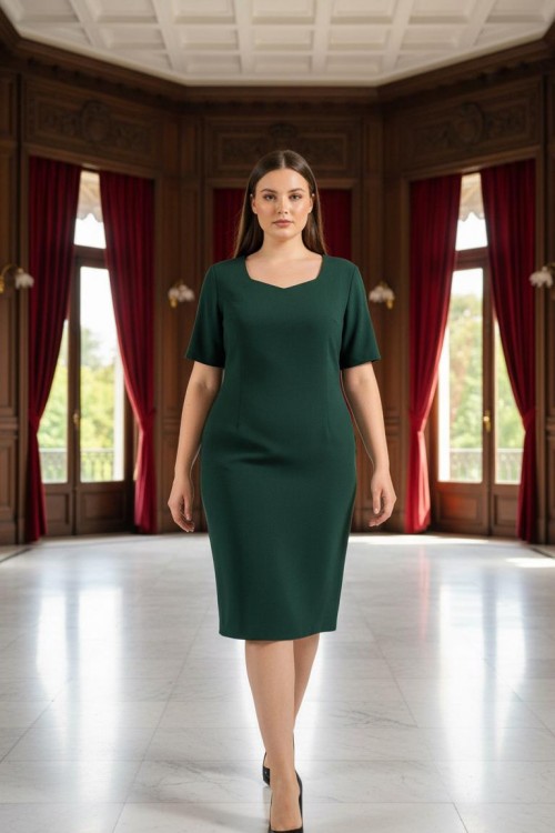 Nidya Moda Büyük Beden Kadın Yeşil Prızma Yaka Krep Abiye Elbise-4165Y