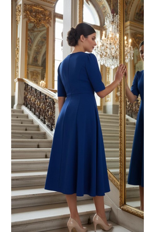 Nidya Moda Büyük Beden Kadın Saks Omuz Pullu Payet Kombinli Krep Abiye Elbise-4159SX